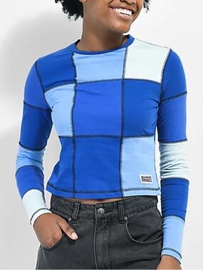 Ragged priest Blue Patchwork shirt cropped XS square panel Y2K style